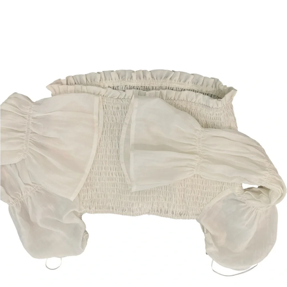 Le Lis cream cropped shirred top with puff long sleeves